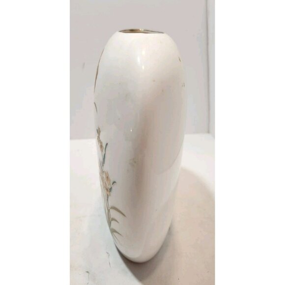 Vtg Japanese White with Gold Accents Oval Flat Vase Floral with Bird - Picture 4 of 12